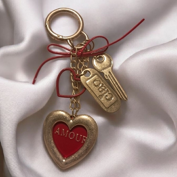 None Other - Gold and Red Heart Keychain with 'Amour' Charm